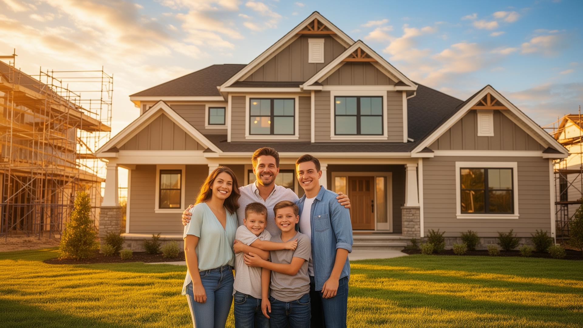 Happy family standing in front of their newly built craftsman home